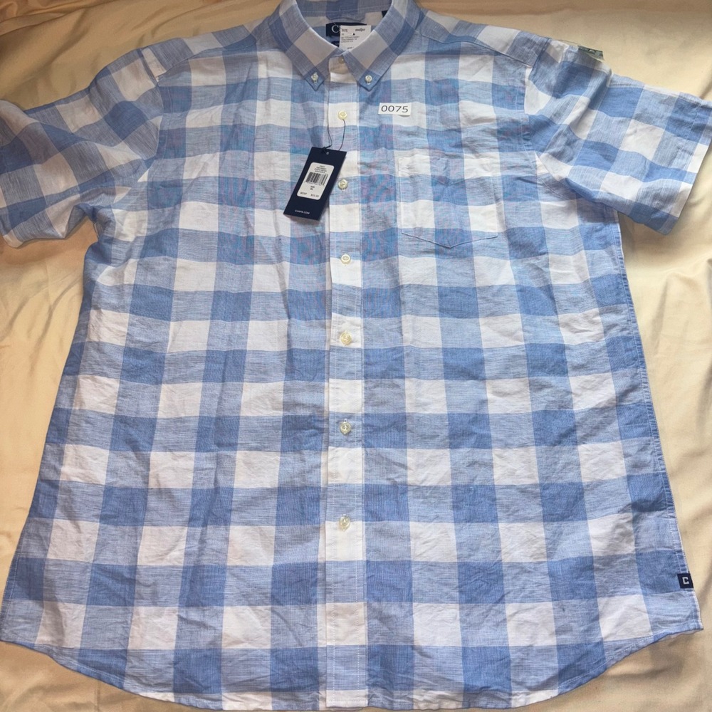 NWT Chaps Mens XL Blue White Gingham Linen Blend Short Sleeve Button Down Shirt